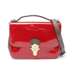 Louis Vuitton Red Canvas Handbag Cherrywood Leather Brown Vernis
